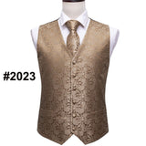 Suit Men - Classic White Floral Jacquard Silk Waistcoat Vests Handkerchief Party Wedding Tie Vest Suit Pocket Square Set