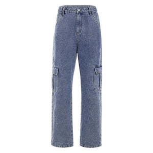 Women Jeans - Pockets Patchwork High Waist Jeans Women Street wear Straight Jean Femme Blue 100% Cotton Cargo Pants