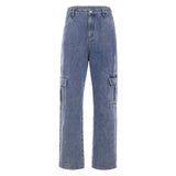 Women Jeans - Pockets Patchwork High Waist Jeans Women Street wear Straight Jean Femme Blue 100% Cotton Cargo Pants