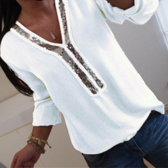 Women Shirt - Fashion Women Ladies Long Sleeve Loose Blouse Summer V-Neck Casual Shirts Tops Clothing Sequined Solid Casual Soft Clothes