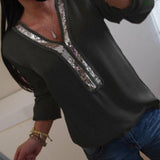 Women Shirt - Fashion Women Ladies Long Sleeve Loose Blouse Summer V-Neck Casual Shirts Tops Clothing Sequined Solid Casual Soft Clothes