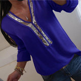 Women Shirt - Fashion Women Ladies Long Sleeve Loose Blouse Summer V-Neck Casual Shirts Tops Clothing Sequined Solid Casual Soft Clothes