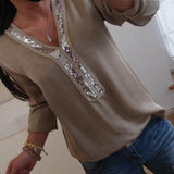 Women Shirt - Fashion Women Ladies Long Sleeve Loose Blouse Summer V-Neck Casual Shirts Tops Clothing Sequined Solid Casual Soft Clothes