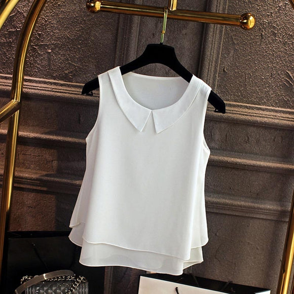 Women Shirt - Large size Blouse Shirt Women 2020 Female Solid Color Double layer Chiffon Shirts Casual sleeveless Loose Top Plus Size Clothing
