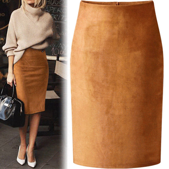 Women Skirt - Sexy Multi Color Suede Midi Pencil Skirt Women 2020 Fashion Elastic High Waist Office Lady Bodycon Skirts Saias