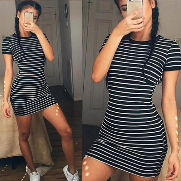 Women Dresses - Summer Casual Striped O-neck Short-sleeved Dress Black And White Striped Dresses Casual Elegant Sheath Slim Dress