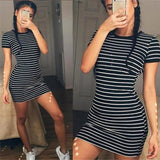 Women Dresses - Summer Casual Striped O-neck Short-sleeved Dress Black And White Striped Dresses Casual Elegant Sheath Slim Dress