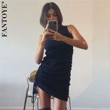 Women Dresses - Cotton Ruched Drawstring Sexy Party Dress Women Sleeveless Elastic Mini Dress Vintage Summer Bodycon Club Wear Vestidos
