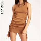 Women Dresses - Cotton Ruched Drawstring Sexy Party Dress Women Sleeveless Elastic Mini Dress Vintage Summer Bodycon Club Wear Vestidos