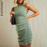 Women Dresses - Cotton Ruched Drawstring Sexy Party Dress Women Sleeveless Elastic Mini Dress Vintage Summer Bodycon Club Wear Vestidos
