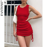 Women Dresses - Cotton Ruched Drawstring Sexy Party Dress Women Sleeveless Elastic Mini Dress Vintage Summer Bodycon Club Wear Vestidos