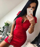 Women Dresses - Summer Dress 2020 Fall Women Sexy Casual Knit Sheath Mini Dresses Ladies Solid V Neck Chest Button Short Sleeve Body con Dress