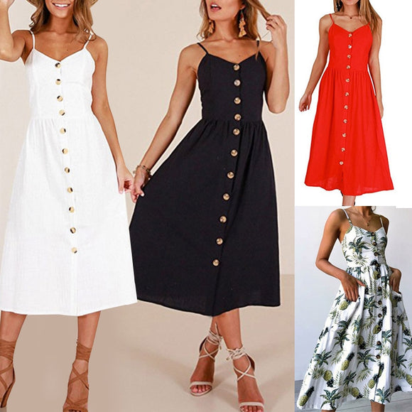 Women Dresses - New Women Print Floral Stripe Long dress Sexy V-Neck Sleevele Button Beach Casual Boho Midi Dress Plus Size 3XL vestidos