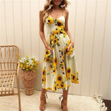 Women Dresses - New Women Print Floral Stripe Long dress Sexy V-Neck Sleevele Button Beach Casual Boho Midi Dress Plus Size 3XL vestidos