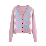 Women Sweaters - Women Cardigan Vintage Stylish Geometric Pattern Short Knitted Sweater Fashion Long Sleeve England Style Outerwear