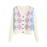 Women Sweaters - Women Cardigan Vintage Stylish Geometric Pattern Short Knitted Sweater Fashion Long Sleeve England Style Outerwear