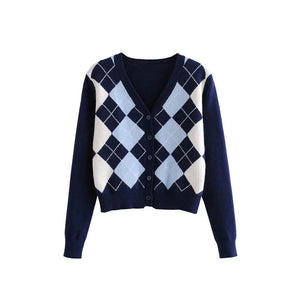 Women Sweaters - Women Cardigan Vintage Stylish Geometric Pattern Short Knitted Sweater Fashion Long Sleeve England Style Outerwear