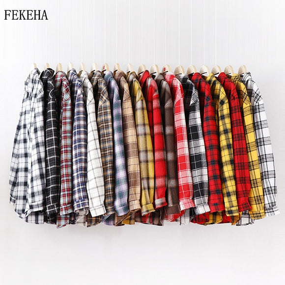Women Shirt - 2020 Fashion Women Plaid Shirt Chic Checked Blouse Long Sleeve Female Casual Print Shirts Loose Cotton Tops Blouses