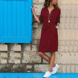 Women Dresses - Fashion Turn-down Collar Party Autumn Shirt Dress Women Solid Three Quarter Sleeve Summer Dress Plus Size Casual Vestidos Robe
