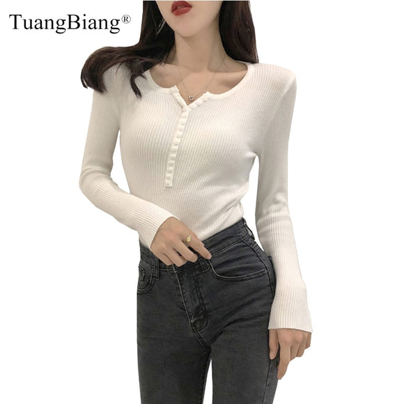 Women Sweaters - Single Breasted Women Full Sleeve Button V-Neck Sweater 2020 New Knitted Basic elasticity Pullovers Autumn Winter Jumpers Ladies