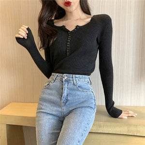 Women Sweaters - Single Breasted Women Full Sleeve Button V-Neck Sweater 2020 New Knitted Basic elasticity Pullovers Autumn Winter Jumpers Ladies