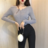 Women Sweaters - Single Breasted Women Full Sleeve Button V-Neck Sweater 2020 New Knitted Basic elasticity Pullovers Autumn Winter Jumpers Ladies