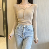 Women Sweaters - Single Breasted Women Full Sleeve Button V-Neck Sweater 2020 New Knitted Basic elasticity Pullovers Autumn Winter Jumpers Ladies