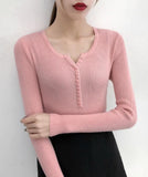 Women Sweaters - Single Breasted Women Full Sleeve Button V-Neck Sweater 2020 New Knitted Basic elasticity Pullovers Autumn Winter Jumpers Ladies