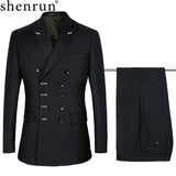 Suit Men - Slim Fit New Fashion Suit Double Breasted Peak Lapel Navy Blue Black Wedding Groom Party Prom Skinny Costume