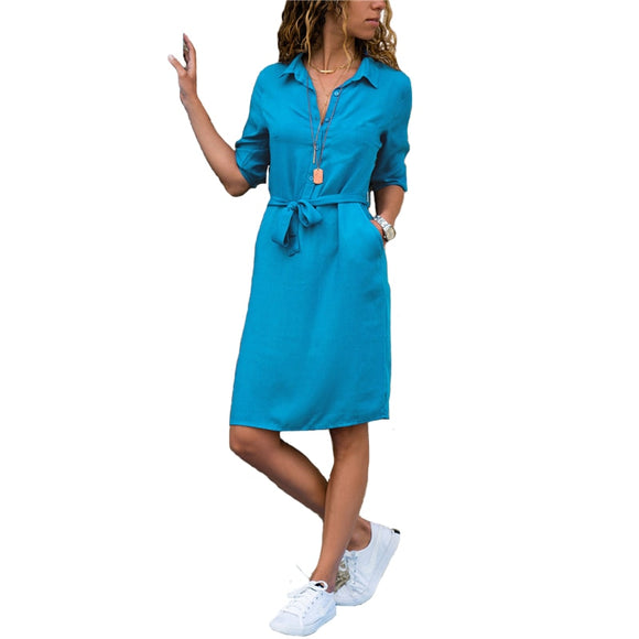 Women Dresses - Fashion Turn-down Collar Party Autumn Shirt Dress Women Solid Three Quarter Sleeve Summer Dress Plus Size Casual Vestidos Robe