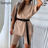 Women Set - Fashion White Khaki Sexy Women Summer O Neck Short Sleeve Shirt Tops And Bodycon Shorts Bottom Suit Two Piece Sets Outfit