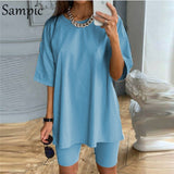 Women Set - Fashion White Khaki Sexy Women Summer O Neck Short Sleeve Shirt Tops And Bodycon Shorts Bottom Suit Two Piece Sets Outfit