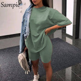 Women Set - Fashion White Khaki Sexy Women Summer O Neck Short Sleeve Shirt Tops And Bodycon Shorts Bottom Suit Two Piece Sets Outfit