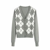 Women Sweaters - Women Cardigan Vintage Stylish Geometric Pattern Short Knitted Sweater Fashion Long Sleeve England Style Outerwear