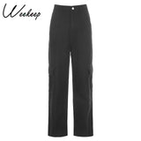 Women Jeans - Pockets Patchwork High Waist Jeans Women Street wear Straight Jean Femme Blue 100% Cotton Cargo Pants