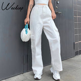 Women Jeans - Pockets Patchwork High Waist Jeans Women Street wear Straight Jean Femme Blue 100% Cotton Cargo Pants