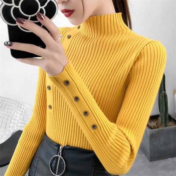 Women Sweaters - 2020 Women Autumn Knitted Sweater Solid Knitted Female Cotton Soft Elastic Color Pullovers Button Full Sleeve Turtleneck