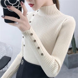 Women Sweaters - 2020 Women Autumn Knitted Sweater Solid Knitted Female Cotton Soft Elastic Color Pullovers Button Full Sleeve Turtleneck