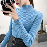 Women Sweaters - 2020 Women Autumn Knitted Sweater Solid Knitted Female Cotton Soft Elastic Color Pullovers Button Full Sleeve Turtleneck