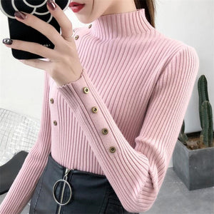 Women Sweaters - 2020 Women Autumn Knitted Sweater Solid Knitted Female Cotton Soft Elastic Color Pullovers Button Full Sleeve Turtleneck