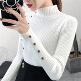 Women Sweaters - 2020 Women Autumn Knitted Sweater Solid Knitted Female Cotton Soft Elastic Color Pullovers Button Full Sleeve Turtleneck