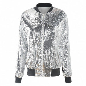 Women Jackets - Fashion Women Sequins Coat Bomber Jacket Long Sleeve Zipper Street wear Casual Loose Glitter Outerwear Female 2020 spring Coats